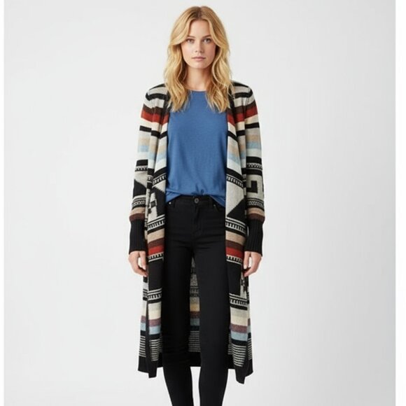 Free People Multi Color Aztec Tribal Print Knit Open Front Duster Sweater M - Picture 1 of 6